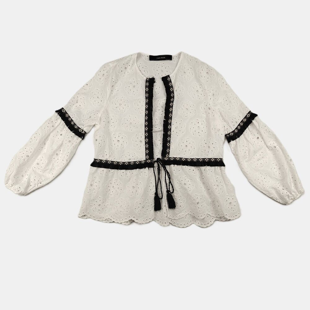 Zara Embroidered Eyelet Fringe Tassel Open Front Top Sz S White Black Boho Chic